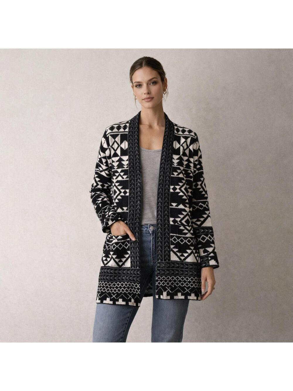 Frye Black and White Geometric Pattern Open Cardigan Sweater Medium